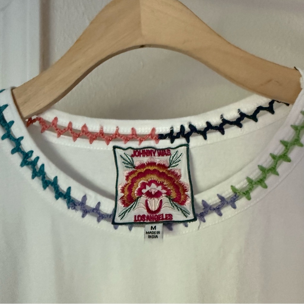 JOHNNY WAS white rainbow stitch detail cotton crew neck short sleeve tee t-shirt - Picture 5 of 6